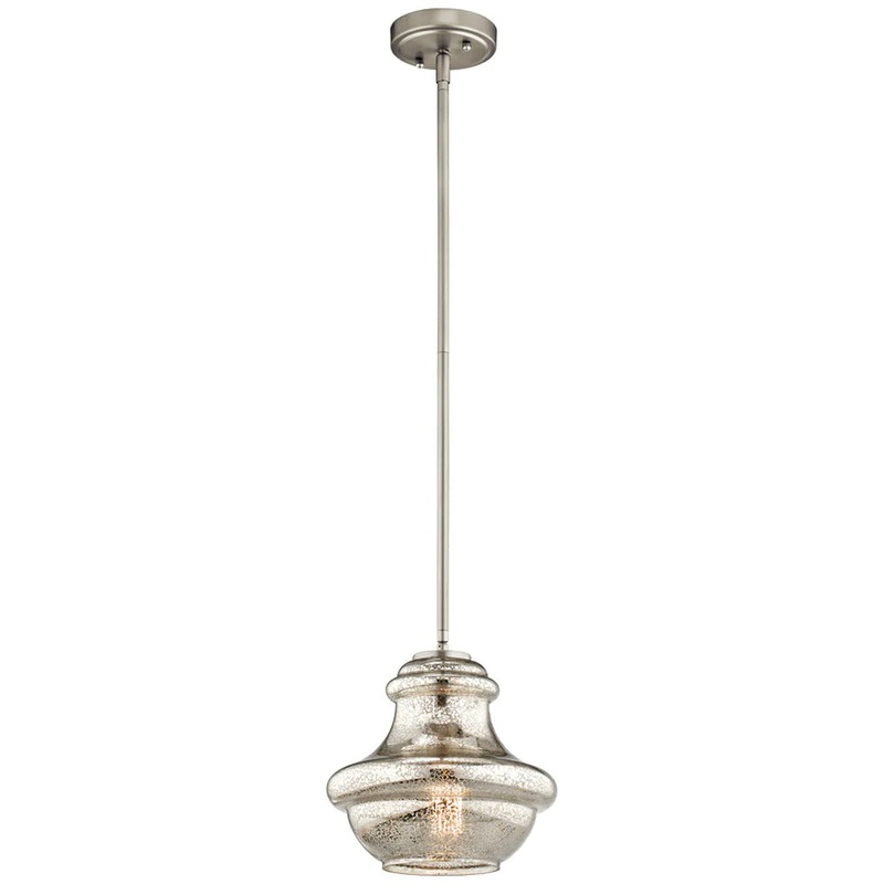 Kichler Everly 9.25″ 1 Light Mini Schoolhouse Pendant Mercury Glass Brushed Nickel 42167NIMER