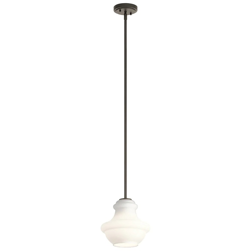 Kichler Everly 9.25″ 1 Light Mini Schoolhouse Pendant Satin Etched Cased Opal Glass Olde Bronze 42167OZWH